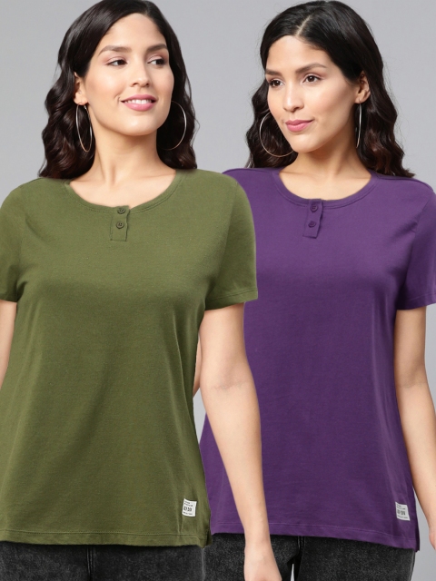 

abof Women Pack of 2 Violet Olive Green Henley Neck Pure Cotton T-shirt