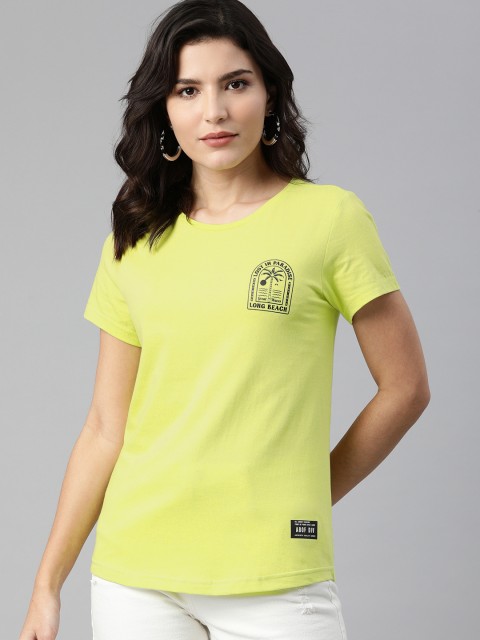 

abof Women Fluorescent Green Pure Cotton T-shirt