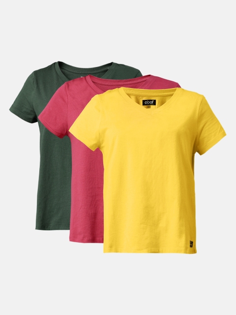 

abof Women Pack Of 3 Multicoloured Solid Round Neck Pure Cotton T-shirt, Multi