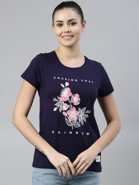 

abof Women Navy Blue & Multicoloured Floral Printed Pure Cotton Casual T-shirt