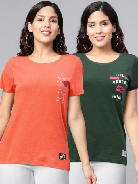 

abof Women Pack Of 2 Typography Printed Pure Cotton T-shirt, Orange