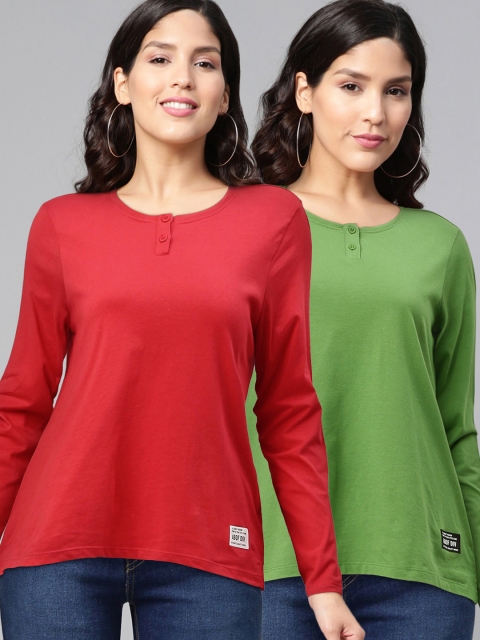 

abof Women Pack Of 2 Henley Neck Pure Cotton T-shirt, Red