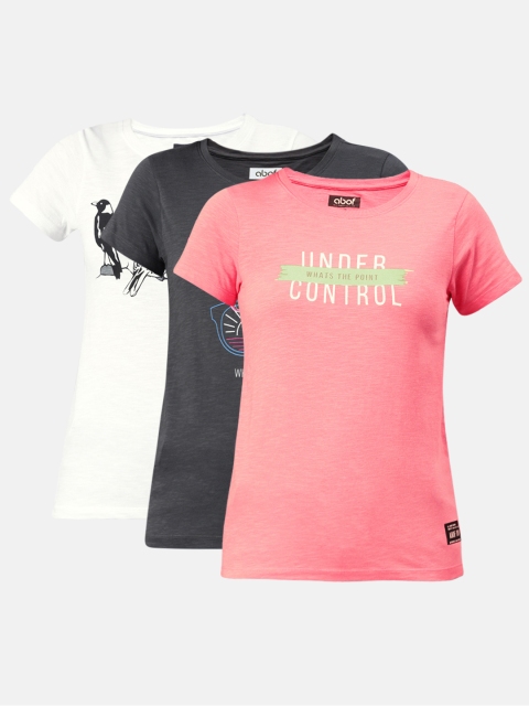 

abof Women Pack Of 3 Printed Pure Cotton T-shirts, Pink