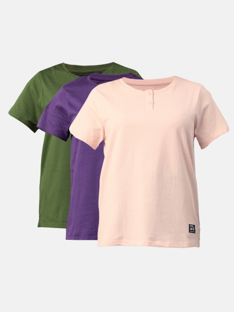 

abof Women Pack of 3 Henley Neck Pure Cotton T-shirt, Multi
