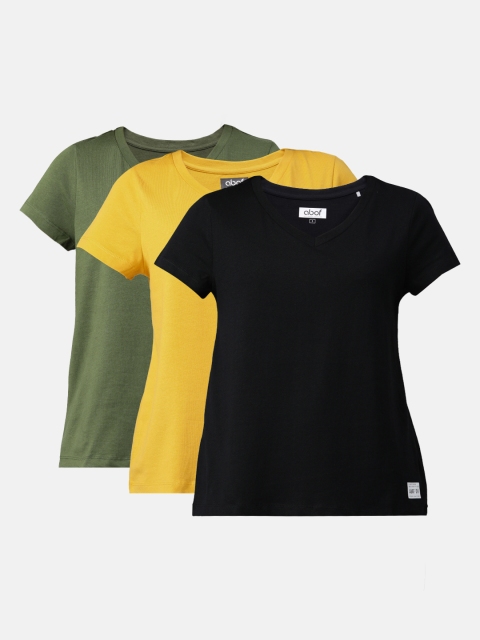 

abof Women Pack of 3 Solid Pure Cotton V-Neck T-shirts, Olive