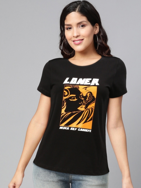 

abof Women Black Printed Pure Cotton T-shirt