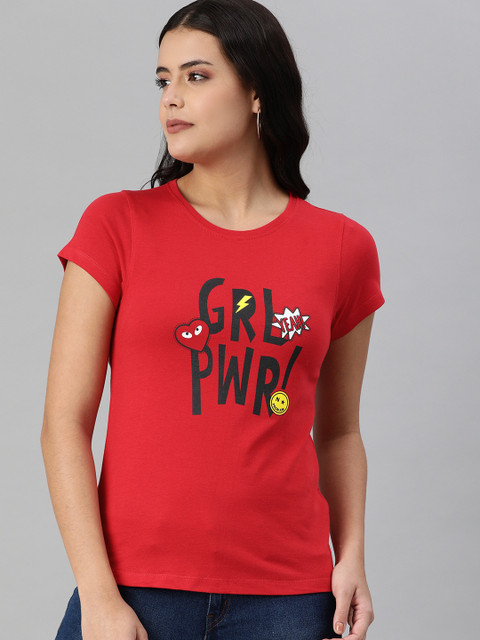 

abof Women Red Typography Printed Pure Cotton T-shirt