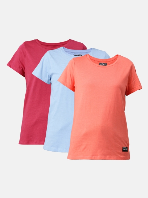

abof Women Pack of 3 Solid Pure Cotton T-shirt, Pink