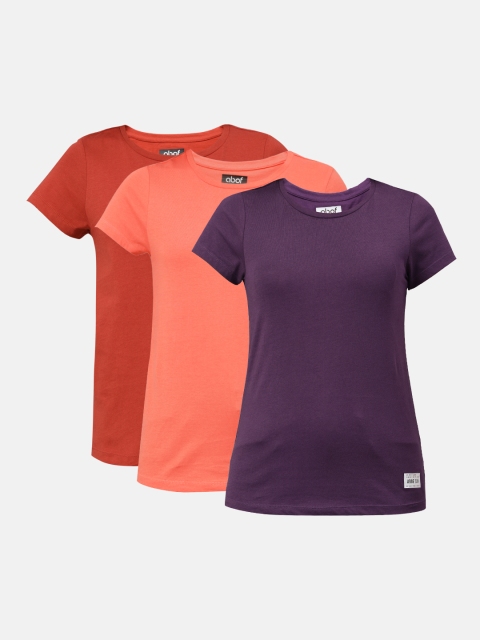 

abof Women Pack of 3 Pure Cotton T-shirts, Violet