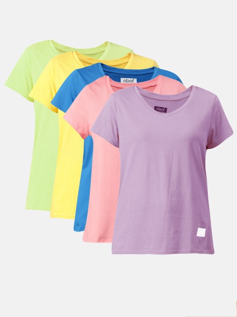 

abof Women Pack of 5 Solid Pure Cotton V-Neck T-shirts, Blue