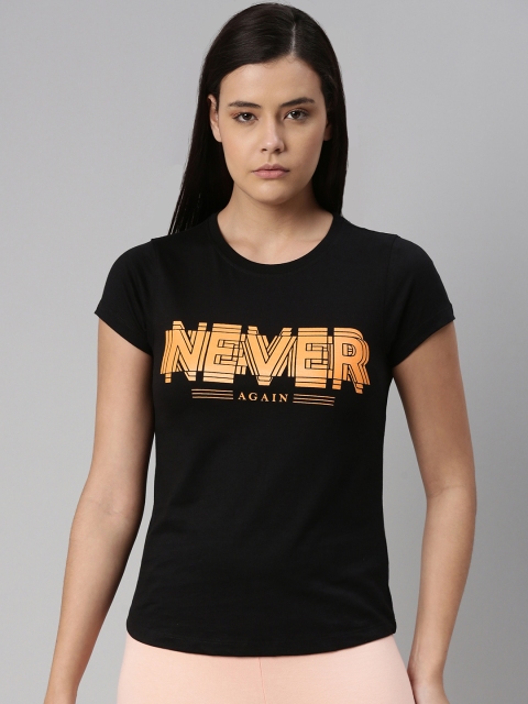 

abof Women Black Printed Pure Cotton T-shirt