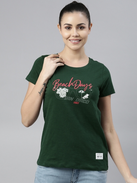 

abof Women Green & Pink Printed Pure Cotton T-shirt