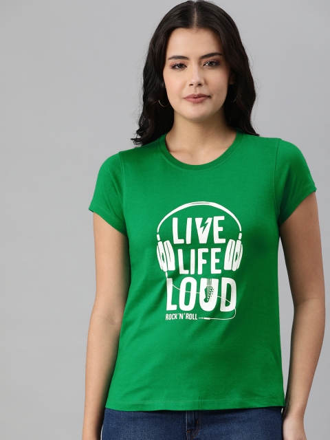 

abof Women Green Typography Printed Pure Cotton T-shirt