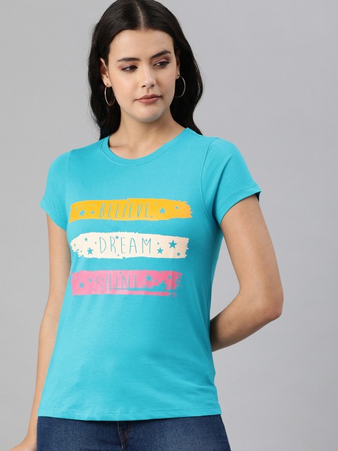 

abof Women Blue Typography Printed Pure Cotton T-shirt