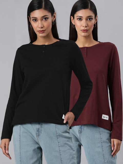 

abof Women Pack of 2 Black & Maroon Henley Neck T-shirt