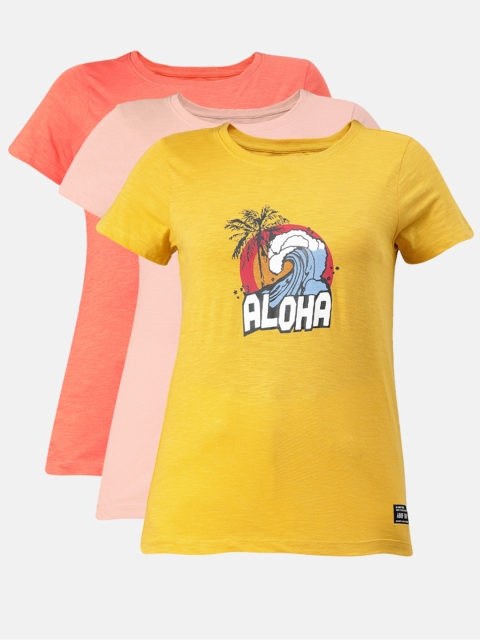 

abof Women pack Of 3 Multicoloured Typography Printed Pure Cotton T-shirt, Multi