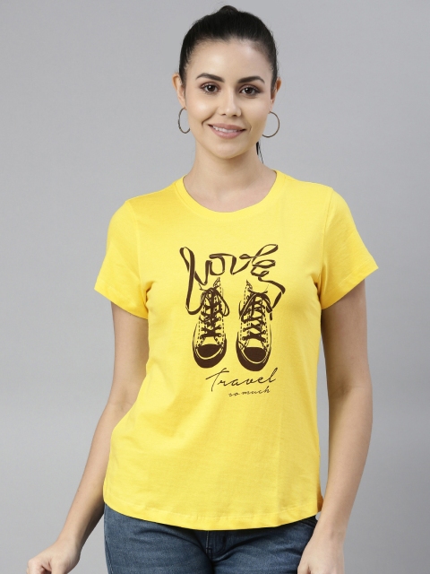 

abof Women Yellow & Black Graphic Printed Pure Cotton Casual T-shirt