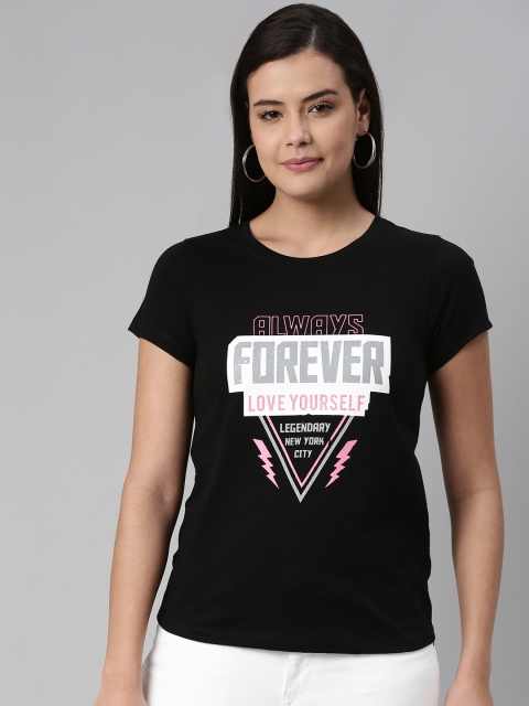 

abof Women Black Typography Printed Pure Cotton T-shirt