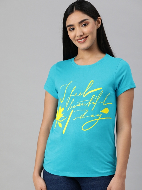 

abof Women Blue Typography Printed Pure Cotton T-shirt