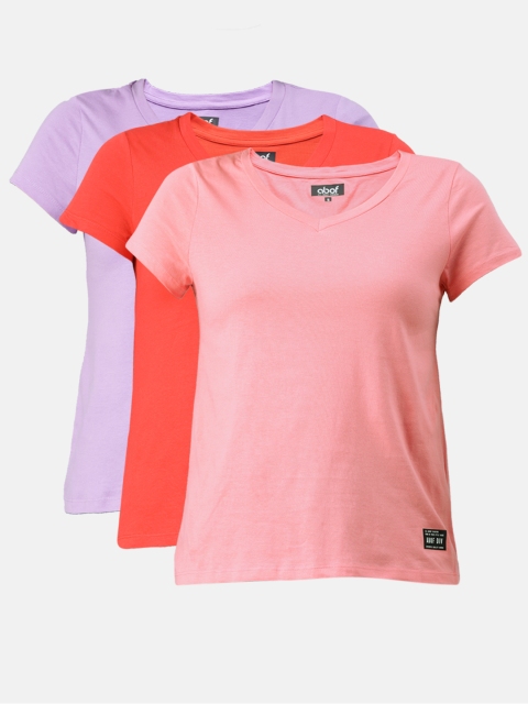 

abof Women Pack Of 3 Multicoloured Solid V-Neck Pure Cotton T-shirt, Multi