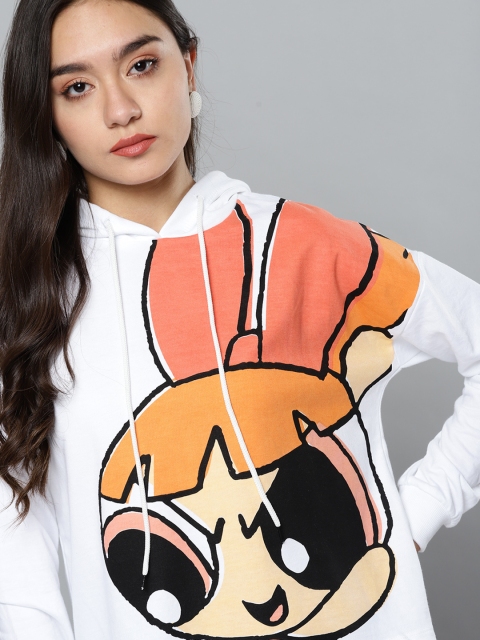 

Powerpuff Girls by Kook N Keech Women White & Orange Printed Hooded Sweatshirt