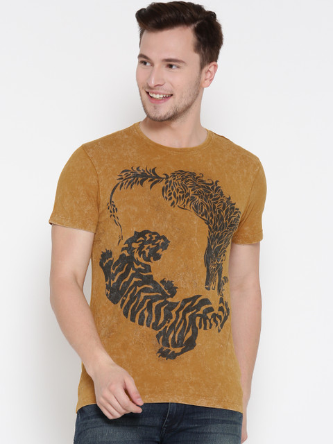 

Ed Hardy Men Mustard Yellow Printed Round Neck T-shirt