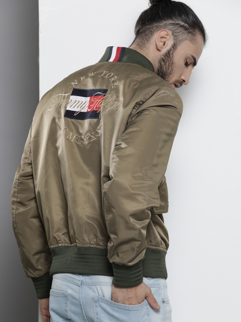 

Tommy Hilfiger Men Olive Green Brand Logo Embroidered Bomber Jacket