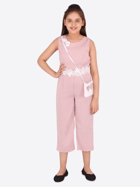 

CUTECUMBER Girls Pink Striped Basic Jumpsuit with Sling Bag