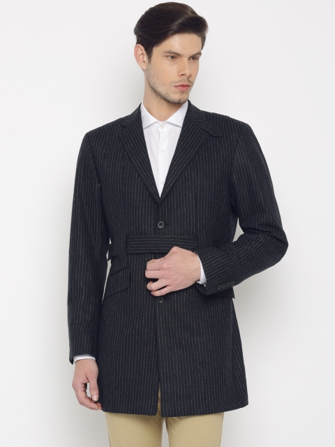 

Theme Charcoal Navy Woollen Striped Slim Fit Coat, Navy blue