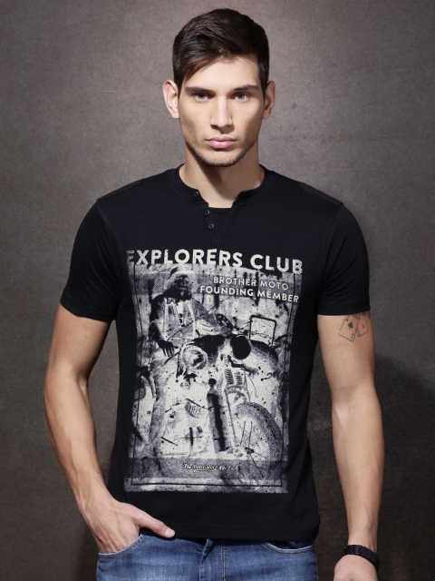 

Roadster Men Black Printed Henley T-shirt