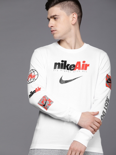 

Nike Men White Brand Logo LS SWOOSH BY AIR Printed Pure Cotton T-shirt