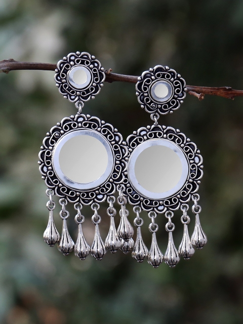 

FIROZA Silver-Toned Oxidised Mirrored Circular Drop Earrings