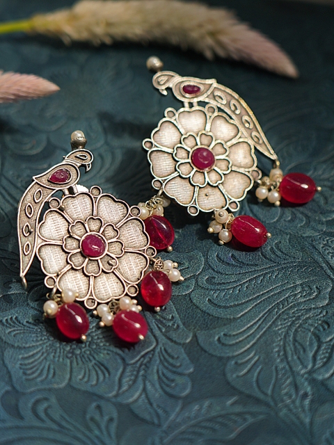 

FIROZA Oxidised Silver-Toned & Pink Studded & Beaded Peacock & Floral Shaped Drop earrings