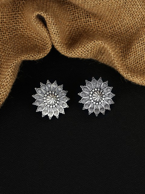 

FIROZA Silver-Toned Oxidised Circular Oversized Studs