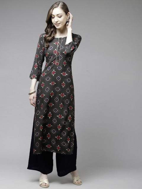 

Ginni Arora Label Women Charcoal Grey & Red Ethnic Motifs Printed Straight Kurta