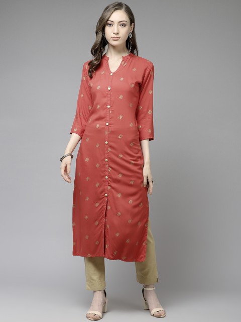 

Ginni Arora Label Women Red Foil Print Straight Kurta