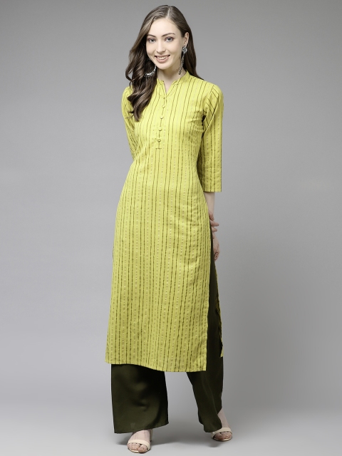 

Ginni Arora Label Women Lime Green & Golden Striped Straight Kurta