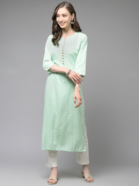 

Ginni Arora Label Women Green & Golden Ethnic Motifs Printed Kurta