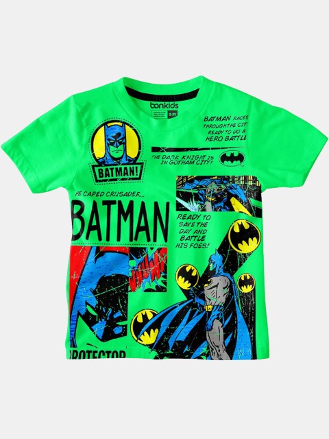 

BONKIDS Boys Green Batman Print Slim Fit Pure Cotton T-shirt
