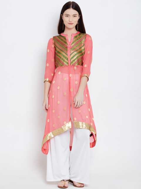 

Fusion Beats Women Coral Pink Woven Design Front Slit High-Low A-Line Kurta