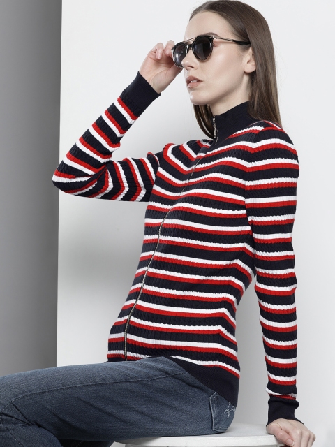 

Tommy Hilfiger Women Navy Blue & White Striped Cardigan Sweater