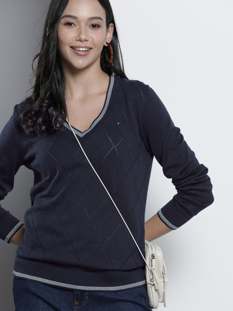 

Tommy Hilfiger Women Navy Blue & White Argyle Pullover