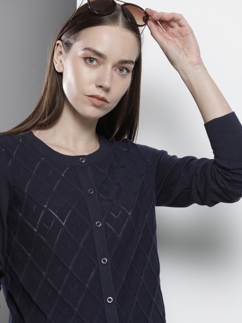 

Tommy Hilfiger Women Navy Blue Self Designed Cardigan Sweater
