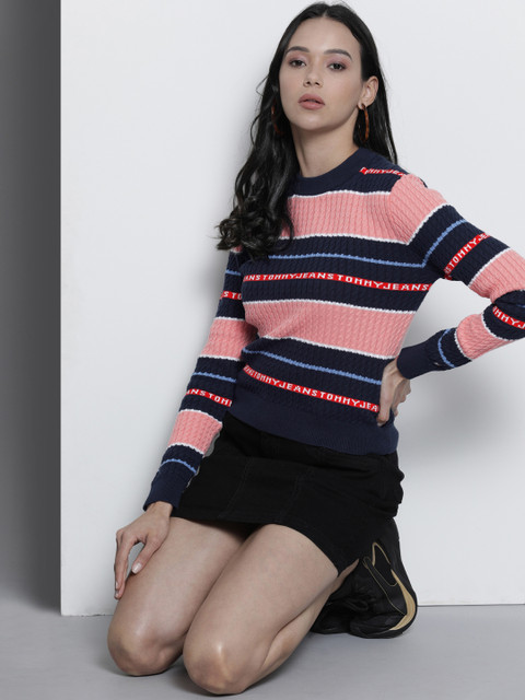 

Tommy Hilfiger Women Pink & Navy Blue Cable Knit Striped Pullover Sweater