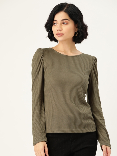 

Madame Olive Green Ribbed Puff Sleeve Styled Back Top