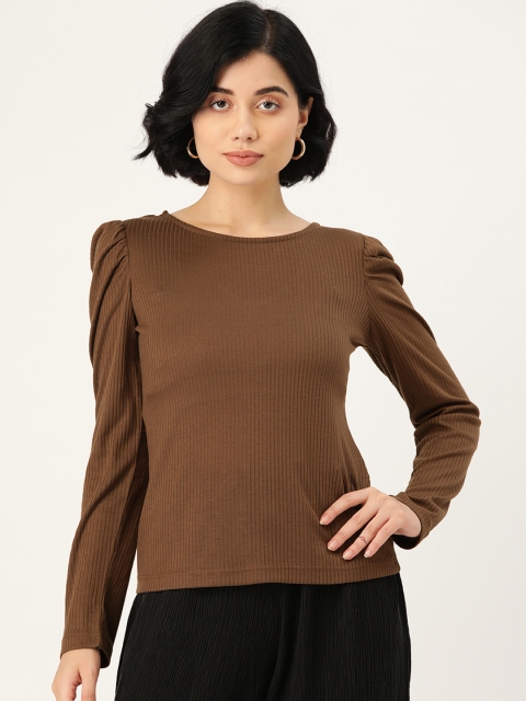 

Madame Brown Ribbed Puff Sleeve Regular Top