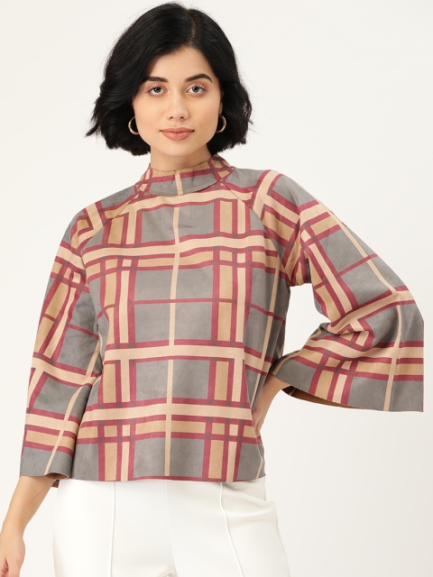 

Madame Grey & Beige Checked Suede Finish Regular Top