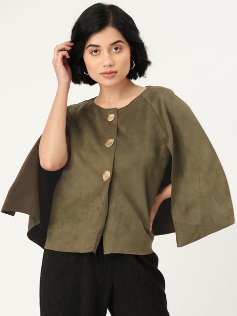 

Madame Women Olive Green Suede Finish Cape Sleeve Top