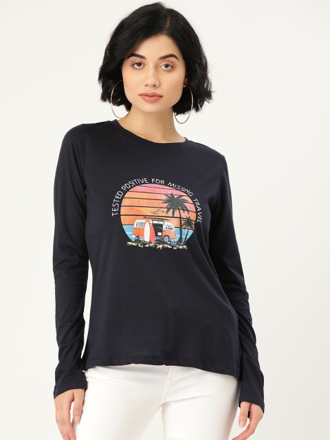 

Madame Women Navy Blue & Pink Printed Cotton T-shirt