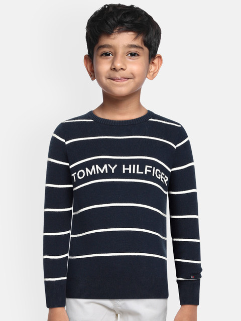 

Tommy Hilfiger Boys Navy Blue & White Striped Pure Cotton Embroidered Pullover
